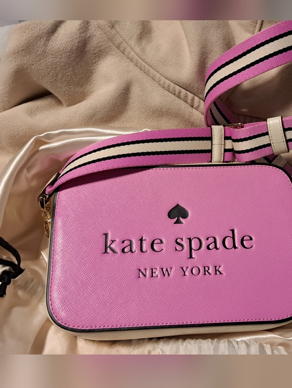 kate spade Pink Crossbody Camera Bag with Striped Strap